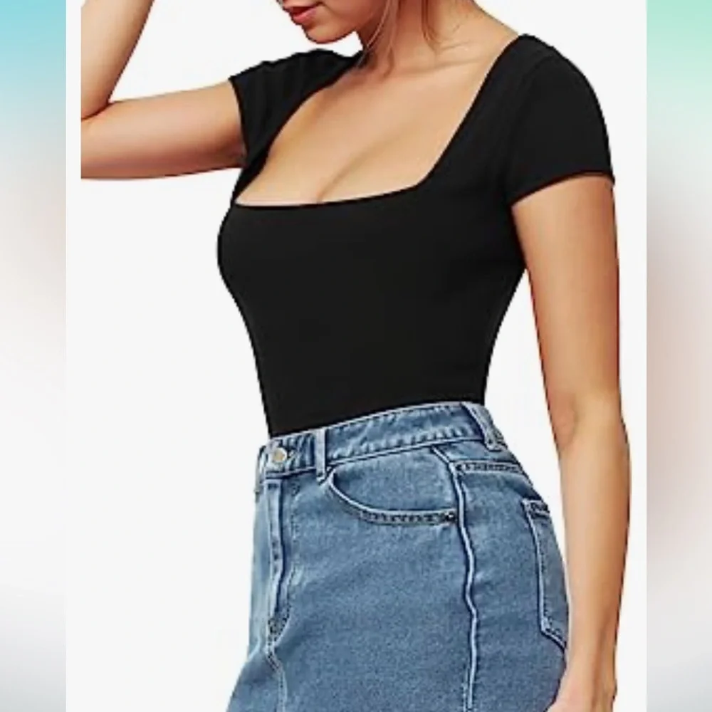 Women's Square Neck Bodysuit Short Sleeve Shirt Tops - Picture 2 of 6